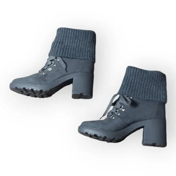 Just Fab Camber Knitted Cuff Lace-Up Booties Gray Caviar Chunky Heeled Size 9 - Picture 2 of 10